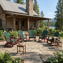 Five Kanyon Living Adirondack Rocking Chairs in Dark Green & Cherry Wood are arranged on a stone patio outside a rustic log cabin, surrounded by gardens, pine trees, and a scenic lake view.