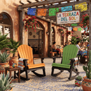 Two Kanyon Living Adirondack Rocking Chairs in Lime Green & Black sit on a tiled patio beneath a “La Terraza Del Sol” sign, surrounded by hanging flowers, potted plants, and the vibrant ambiance of a sunny outdoor restaurant.