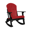 The Kanyon Living Adirondack Rocking Chair in red and black features wide armrests, a slatted backrest, and a curved base. Made from all-weather poly lumber by Kanyon Living, it's shown against a plain white background.