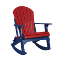 The Kanyon Living Adirondack Rocking Chair Red & Blue by Kanyon Living features a red slatted seat and backrest, with blue armrests, legs, and rockers, shown against a plain white background.