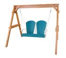 The Kanyon Living Poly Lumber 4′ Adirondack Swing in Aruba Blue & White features a two-seater swing with curved backs and armrests, hung by metal chains on a wooden frame. Eco-friendly outdoor furniture by Kanyon Living, shown against a plain white background.