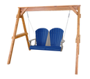 The Kanyon Living Poly Lumber 4′ Adirondack Swing in Blue and Light Grey by Kanyon Living hangs from a wooden A-frame stand on metal chains—an eco-friendly, stylish addition for your outdoor porch.