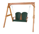 The Kanyon Living Poly Lumber 4′ Adirondack Swing in Dark Green and Cedar Wood features a sturdy frame, slatted panels, armrests, and seats two, suspended by metal chains.