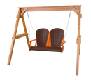 The Kanyon Living Poly Lumber 4′ Adirondack Swing in dark wood and orange seats two and hangs securely with metal chains. This durable outdoor swing is perfect for relaxing in your garden or patio.