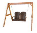 The Kanyon Living Poly Lumber 4′ Adirondack Swing Deluxe in Brazilian Walnut and Weathered Wood features two seats hanging from chains on a light wood A-frame stand. Perfect for patios or gardens, it brings classic outdoor style. Background is plain white.