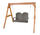The Kanyon Living Poly Lumber 4′ Adirondack Swing Deluxe in Driftwood Grey features a double seat and hangs from a sturdy wooden frame by metal chains and springs, perfect for timeless outdoor style. The brand is Kanyon Living. Set against a plain white background.