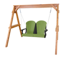 The Kanyon Living Poly Lumber 4′ Adirondack Swing in lime green and black features two seats, hangs from chains on a wooden A-frame stand, and showcases stylish outdoor furniture by Kanyon Living against a white background.