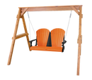 The Kanyon Living Poly Lumber 4′ Adirondack Swing in orange and black features a two-seater bench hanging from chains, supported by a light brown wooden frame—ideal as outdoor furniture. Brand: Kanyon Living.