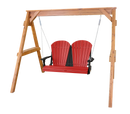 The Kanyon Living Poly Lumber 4′ Adirondack Swing in red and black hangs by metal chains, featuring a sturdy wooden frame. This outdoor swing by Kanyon Living is ideal for porches and shown isolated on a white background.