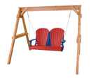 The Kanyon Living Poly Lumber 4′ Adirondack Swing in red and blue features a sturdy wooden frame and metal chains. Crafted by Kanyon Living from durable poly lumber, it offers stylish, long-lasting outdoor seating.