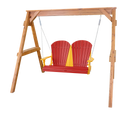 The Kanyon Living Poly Lumber 4′ Adirondack Swing in red and yellow features a sturdy wooden frame and metal chains, offering stylish outdoor seating. Brand: Kanyon Living.