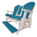 The Kanyon Living Poly Lumber 5′ Adirondack Glider Tall Version in Aruba Blue & White seats two, features wide armrests, slatted teal seats and backs, an attached footrest, and offers stylish, comfortable outdoor seating.