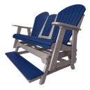 The Kanyon Living Poly Lumber 5′ Adirondack Glider Tall Version in blue and light grey is a two-seat outdoor bench with wide armrests and footrest, crafted for durability and shown on a white background.
