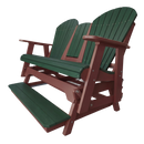 The Kanyon Living Poly Lumber 5′ Adirondack Glider Tall Version in dark green and cherry wood offers lasting comfort with a front footrest, crafted from durable poly lumber for stylish outdoor seating.