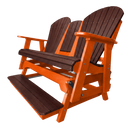 The Kanyon Living Poly Lumber 5′ Adirondack Glider Tall Version in dark wood and orange features wide armrests, a footrest, and seats two, providing classic outdoor style reminiscent of traditional poly lumber furniture.