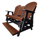 The Kanyon Living Poly Lumber 5′ Adirondack Glider Tall Version Deluxe in Antique Mahogany and Black seats two, has Adirondack-style backrests, poly lumber slats, black supports, a shared footrest—ideal for your patio.