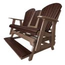 The Kanyon Living Poly Lumber 5′ Adirondack Glider Tall Version Deluxe in Brazilian Walnut and Weathered Wood features two seats, armrests, and a shared footrest—perfect for a cozy patio retreat.