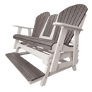 The Kanyon Living Poly Lumber 5′ Adirondack Glider Tall Version Deluxe in Driftwood Grey and White seats two with a high back, wide armrests, and footrest—combining durable poly lumber with outdoor style and comfort.