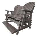 The Kanyon Living Poly Lumber 5′ Adirondack Glider Tall Version Deluxe Driftwood Grey, featuring wide armrests and a slatted back, is shown from a low front angle against a plain white background.