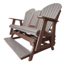 The Kanyon Living Poly Lumber 5′ Adirondack Glider Tall Version in Light Grey and Weathered Wood features two slatted seats, a sturdy brown frame, wide armrests, and a matching gray footrest for comfortable outdoor seating.