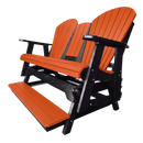The Kanyon Living Poly Lumber 5′ Adirondack Glider Tall Version in orange and black seats two, features slatted backs and seats, wide armrests, a footrest, and offers stylish outdoor comfort. Shown on a white background.