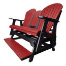 The Kanyon Living Poly Lumber 5′ Adirondack Glider Tall Version in red and black offers stylish, durable two-seater outdoor seating with a footrest. Crafted from poly lumber, it's shown on a white background.