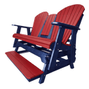 The Kanyon Living Poly Lumber 5′ Adirondack Glider Tall Version features red slatted seats and backrests, a blue frame, armrests, and legs. This stylish two-seater outdoor bench also includes a matching red footrest for added comfort.