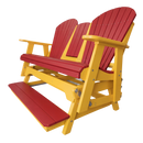 The Kanyon Living Poly Lumber 5′ Adirondack Glider Tall Version in red and yellow offers two slatted seats and matching armrests—stylish, durable outdoor patio seating from Kanyon Living.