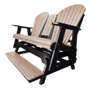 The Kanyon Living Poly Lumber 5′ Adirondack Glider Tall Version in Seashell and Black features two seats, a shared fold-out footrest, eco-friendly materials, and provides stylish outdoor comfort—ideal for your patio.