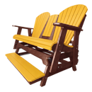 The Kanyon Living Poly Lumber 5′ Adirondack Glider Tall Version in yellow and cedar wood features bright yellow slatted seats and backrests with a brown frame, plus a matching footrest—offering stylish, tall outdoor seating.