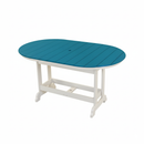 The Kanyon Living Poly Lumber 6′ Oval Outdoor Dining Table in Aruba Blue & White features a slatted recycled HDPE top with a central hole and white legs, shown against a plain white background.
