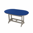 The Kanyon Living Poly Lumber 6′ Oval Outdoor Dining Table in blue and light grey features a slatted top, sturdy base, and central umbrella hole—an eco-friendly piece by Kanyon Living, shown against a plain white background.