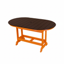 The Kanyon Living Poly Lumber 6′ Oval Outdoor Dining Table features a dark wood slatted top and vibrant orange legs, offering an eco-friendly outdoor furniture option for your patio.