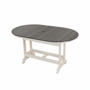 The Kanyon Living Poly Lumber 6′ Oval Outdoor Dining Table in Driftwood Grey and White features a slatted top, sturdy frame, and umbrella hole—a stylish outdoor dining table for any patio space.