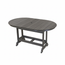 The Kanyon Living Poly Lumber 6′ Oval Outdoor Dining Table Deluxe in Driftwood Grey features a slatted top, central umbrella hole, and sturdy legs with horizontal supports. Shown against a plain white background.