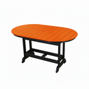 The Kanyon Living Poly Lumber 6′ Oval Outdoor Dining Table features a bright orange slatted top and black legs, set against a plain white background.