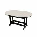 Kanyon Living Poly Lumber 6′ Oval Outdoor Dining Table in Seashell and Black features a light wood slatted top and black legs, showcased against a plain white background.