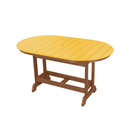 The Kanyon Living Poly Lumber 6′ Oval Outdoor Dining Table features a yellow slatted top with cedar wood-finish legs—an eco-friendly patio table by Kanyon Living, perfect for outdoor dining.
