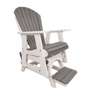 The Kanyon Living Poly Lumber Adirondack Glider Chair Tall Deluxe in Driftwood Grey and White features a built-in footrest and stylish design, making it an attractive outdoor seating option against a plain white background.