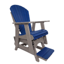 The Kanyon Living Poly Lumber Adirondack Glider Chair Tall in Blue and Light Grey, shown with a matching blue footrest on a white background, is an eco-friendly outdoor furniture choice for your patio.