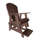 The Kanyon Living Poly Lumber Adirondack Glider Chair Tall Deluxe, in Brazilian Walnut and Weathered Wood, features wide armrests, a built-in footrest, and stylish dark brown slats—perfect outdoor furniture for any space.