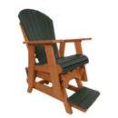 The Kanyon Living Poly Lumber Adirondack Glider Chair Tall in Dark Green and Cedar Wood features a green slatted seat/back, brown armrests/base, a matching footrest, and eco-friendly design. Ideal for outdoor use. Plain white background.