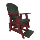 The Kanyon Living Poly Lumber Adirondack Glider Chair Tall in Dark Green and Cherry Wood features a dark green seat and backrest, cherry armrests and frame, plus a built-in footrest—perfect outdoor seating shown on a white background.