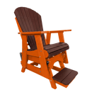 The Kanyon Living Poly Lumber Adirondack Glider Chair Tall in Dark Wood and Orange, with matching footrest, features a slatted design and timeless Amish-inspired style—perfect for outdoor comfort.