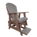 The Kanyon Living Poly Lumber Adirondack Glider Chair in Tall Light Grey and Weathered Wood features a high slatted back, wide armrests, and attached footrest—ideal as an outdoor glider chair against a white background.