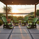 Kanyon Living Poly Lumber Adirondack Glider Chair Tall in Lime Green and Black, by Kanyon Living, arranged in a circle on a patio under string lights at sunset—an eco-friendly outdoor furniture choice overlooking lake and garden views.