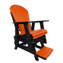 The Kanyon Living Poly Lumber Adirondack Glider Chair Tall in orange and black features a slatted backrest, wide armrests, and matching retractable footrest, shown against a plain white background.