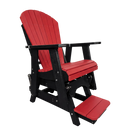 The Kanyon Living Poly Lumber Adirondack Glider Chair Tall in red and black features wide armrests and a built-in footrest, set against a plain white background—a stylish, eco-friendly outdoor furniture choice from Kanyon Living.