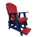 A wooden Adirondack chair with a red seat and backrest, blue frame and armrests, and a matching red footrest, against a plain white background.