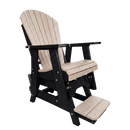 The Kanyon Living Poly Lumber Adirondack Glider Chair Tall in Seashell and Black features a light seat and backrest, black frame, armrests, and a pull-out footrest, displayed on a plain white background.